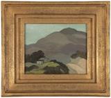 1067  George Spangenberg (1907-1964 San Diego, CA)
''Mist In The Valley'', signed lower left: G. Spangenberg, titled and numbered verso: #45, oil on canvas laid to artist board, 4.5'' H x 5.5'' W, est: $800/1200

Provenance: Estate of Charles Augustus Hill, Point Loma, CA, acquired directly from the artist in exchange for room and board.  Condition: Visual: Generally good condition.  Blacklight: No evidence of restoration under blacklight.  Your bid indicates acceptance of our Conditions of Sale.  AS-IS.  ALL SALES FINAL