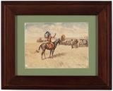 1069  Leonard Reedy (1899-1956 Chicago, IL)
Wagon train with Native Americans, signed and dated lower right: Leonard Reedy '45, watercolor on paper under glass, paper size: 8.75'' H x 11.75'' W, est: $400/600

Provenance: Private Collection, Santa Monica, CA.  Condition: Visual: Tape remnants from a previous matting remain in the corners and are visible. Damage to the paper with paint loss in the left corners. Glue remnants in the upper right corner. Small tear in the paper lower right edge. Toning to the paper. Mat burn along the left edge. Mounted to the recto mat with scotch tape in the four corners.    Your bid indicates acceptance of our Conditions of Sale.  AS-IS.  ALL SALES FINAL