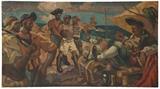 1070  Frank Bowers (1905-1964 Los Angeles, CA)
Buccaneers on a beach, signed lower left: Frank Bowers, unframed oil on canvas, 39.75'' H x 69.75'' W, est: $600/800

Provenance: Private Collection, Tustin, CA.  Condition: Visual: Craquelure throughout. Areas of paint loss scattered throughout. A large area of paint loss and instability upper center. The canvas is loose in the upper left corner. Frame abrasion. Surface dirt and grime.  Blacklight: No evidence of restoration under blacklight.  Your bid indicates acceptance of our Conditions of Sale.  AS-IS.  ALL SALES FINAL