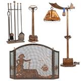 1071  A pirate themed hand-wrought copper living room set
Circa 1920s, apparently unsigned, comprising a fire screen (30'' H x 44'' W x 5'' D), a smoking stand with weighted base (28.5'' H x 8'' W x 8.5'' D), a set of fireplace tools with stand (32.5'' H x 14'' W x 8.5'' D) and a floor lamp (55'' H x 29'' W x 6.5'' D), 4 pieces, est: $3000/5000

Provenance: Private Collection, Pasadena, CA.  Condition: Overall good condition. General marks, scratches and rubbed wear commensurate with age. Lamp with one broken length of chain to lampshade and semicircular tray to lamp base loose; wiring should be checked by a qualified electrician prior to use.  Your bid indicates acceptance of our Conditions of Sale.  AS-IS.  ALL SALES FINAL
