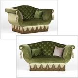 1073  A pair of green upholstered love seats
Mid-20th century, each upholstered in green velvet, with an arched tufted back, tassels at the arms and a brush fringe-lined base, with four velvet pillows, each: 34'' H x 59.5'' W x 29'' D, est: $600/800

Provenance: Private Collection, Pasadena, CA.  Condition: Seat depth: 23.5''. Overall good condition. Upholstery in clean, usable condition. Each lacking one button to tufting; one with one additional button detached, retained. Each lacking 11 bows to top of fringe. One with minor spots of lightening to upholstery on seat; the largest 3.5'' Dia.  Your bid indicates acceptance of our Conditions of Sale.  AS-IS.  ALL SALES FINAL