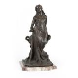 1075  A Continental patinated bronze figure
Late 19th / early 20th century, depicting a classical maiden seated on the edge of a dual-handled basket, on an integrated naturalistic stepped base dotted with flowers, raised on a red marble plinth, overall: 32.75'' H x 17'' W x 18'' D; the bronze: 31'' H x 14.5'' W x 16.5'' D, est: $1000/1500

Provenance: Private Collection, Pasadena, CA.  Condition: Overall good condition. General marks, scratches and rubbed wear commensurate with age. The marble base with chips and nicks to edges and corners throughout.  Your bid indicates acceptance of our Conditions of Sale.  AS-IS.  ALL SALES FINAL