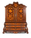1090  A Dutch marquetry cabinet
Second half 19th century, of walnut veneer inlaid with birds, figures, foliage, flowers, winged putti, angels and vases, with oak secondary wood, constructed in two sections, surmounted overall by a curving pediment over two locking ogee arch-paneled doors enclosing a single shelf above two short marquetry-front drawers, over a bombe substructure with three long drawers, on bracket feet, 89.5'' H x 71.25'' W x 20.5'' D, est: $3000/5000

Provenance: Private Collection, La Jolla, CA.  Condition: General marks, scratches, shrinkage cracks, and scattered lifting, rippling and chipping to veneer commensurate with age. Drawer interiors with modern liners. Drawer glides and backboards replaced; modern reinforcements throughout. Two approximately .5''-Dia holes drilled through bottom of cabinet interior to drawers; one plugged. Key does not function in drawers; door lock does not completely open. Banding on lock stile of right-hand double-door partly detached.  
