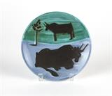 1101  Pablo Picasso (1881-1973 Spanish), Madoura ceramic plate, ''Toros''
Circa 1952, from the edition of 500, stamped ''Edition Picasso'' and inscribed ''Edition / Picasso / Madoura'', englobe and polychrome glazed, 1.125'' H x 8'' Dia., est: $1500/2500

Condition: Overall good condition, with a few scattered light scratches. With typical inherent flaws and bubbles to glaze throughout.  Your bid indicates acceptance of our Conditions of Sale.  AS-IS.  ALL SALES FINAL