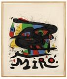 1114  Joan Miro (1893-1983 Spanish)
Poster for the Exhibition: ''Miro Sculptures'', 1971, signed in pencil lower right: Miro, inscribed and numbered in pencil lower left: H.C. 2/5, color lithograph on paper under glass, paper size: 33.5'' H x 28.5'' W, est: $3000/4000

Provenance: Walker Art Center, Minneapolis, MN, purchased directly from artist by the then museum director, 1971; Margo Leavin Gallery, Los Angeles, CA, acquired from the above; acquired by the present owner from the above, October 1986.  Condition: Visual: Generally good condition. Minor toning to the paper. Heavier toning along the extreme left, right and upper edges. Framed floating and hinged to the back mat. The left, right and upper edges are deckled.    Your bid indicates acceptance of our Conditions of Sale.  AS-IS.  ALL SALES FINAL