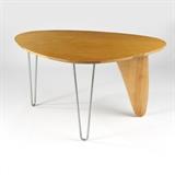 1118  An Isamu Noguchi ''Rudder'' dinette table, model IN-20
Designed 1944, unsigned, Isamu Noguchi (1904 - 1988 American) for Herman Miller, of birch and zinc-plated steel, the free-form top over three parabolic legs, 26.25'' H x 50'' W x 35.5'' D, est: $6000/9000

Literature: Alexander von Vegesack et al, eds., Isamu Noguchi: Sculptural Design, Vitra Design Museum, 2002, pp. 120 - 124, model in birch with inset flower vase illustrated p. 121.  Provenance: This lot, as well as the other Noguchi pieces on offer, was purchased by the Consignor circa 1949 directly from the Herman Miller Showroom at Chicago's Merchandise Mart in order to suit the decor of the Consignor's newly acquired modern apartment in Chicago's iconic Brockton building. The set has remained in the same Private Collection, Chicago, Illinois, ever since.  Condition: Structurally sound. General marks, scratches, nicks, and rubbed wear commensurate with age and use. Pitting and scattered minor losses to finish on tabletop