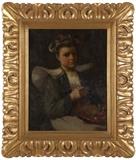 1150  Amedee Joullin (1862-1917 San Francisco, CA)
''Cherry Time, Brittany'', signed, inscribed and dated lower left: A Joullin Paris 09, oil on canvas, 26'' H x 20'' W, est: $1200/1800

Note: The painting retains its original J. Bohne, New York frame. The title comes from artist's labels no longer attached.  Provenance: sale, John Moran, Pasadena, CA, 24 June 2008, lot 223 ($2,300); Private Collection, Montebello, CA.  Condition: Visual: Craquelure and paint shrinkage throughout. Stretcher bar creases along the upper and lower edge. Small spots of paint loss upper center, upper left,  lower left and lower right, the largest pea-sized.  Blacklight: Extensive touch-up in the background and on the figure in the upper half of the painting. Other scattered areas of touch-up in the lower half.  Your bid indicates acceptance of our Conditions of Sale.  AS-IS.  ALL SALES FINAL