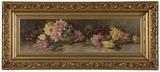 1151  Frances Miller Mumaugh (1859-1933 Newark, NJ)
Still life of roses, signed lower left: Frances Mumaugh, oil on canvas, 12'' H x 42'' W, est: $1500/2000

Condition: Visual: Generally good condition. Crazing scattered throughout. Small spots of paint loss upper right, lower right and the lower left corner. Stretcher bar creases. The canvas is slightly rippled in the upper left corner.  Blacklight: Apparently no restoration under blacklight. Difficult to read under varnish.  Your bid indicates acceptance of our Conditions of Sale.  AS-IS.  ALL SALES FINAL