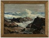 1153  Alexander Bowers (1875-1952 Wilmington, DE)
Maine coastal with crashing waves, signed with conjoined initials lower left: ABower, oil on canvasboard, 9'' H x 12'' W, est: $600/800

Provenance: Private Collection, Lakewood, CA.  Condition: Visual: Generally good condition. Varnish discoloration.  Blacklight: No evidence of restoration under blacklight.  Your bid indicates acceptance of our Conditions of Sale.  AS-IS.  ALL SALES FINAL