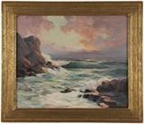 1154  Lester J. Chaney (1907-1998 Chicago, IL)
''Sunset off Richmond Island, Maine'', signed lower right: Lester J. Chaney, titled on the stretcher, oil on canvas, 20'' H x 24'' W, est: $400/600

Provenance: Private Collection, San Marcos, CA.  Condition: Visual: Generally good condition. A couple of small areas of paint shrinkage lower right. Stretcher bar creases. Minor scattered craquelure.  Blacklight: A 3'' x 1.5'' area of touch-up lower left with corresponding patch verso.  Your bid indicates acceptance of our Conditions of Sale.  AS-IS.  ALL SALES FINAL