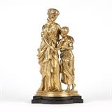 1158  After M. Moreau, a gilt bronze figural group, mother and child
Late 19th / early 20th century, French, signed to base ''Moreau'' (after Mathurin Moreau 1812 - 1912 French), depicting a standing woman and child perusing a book, on an integral shaped base, raised on a stepped black metal plinth, 20.5'' H x 11'' W x 7.5'' D, est: $1000/1500

Provenance: Private Collection, La Jolla, CA.  Condition: Overall good condition. General marks, scratches and rubbed wear commensurate with age. Scattered minor spots of darkening and verdigris to gilt bronze. Scattered minor dents and nicks to edges of base and plinth; the largest a .125'' x .125'' chip to left verso edge of plinth.  Your bid indicates acceptance of our Conditions of Sale.  AS-IS.  ALL SALES FINAL