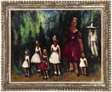 1166  Dan Lutz (1906-1978 Santa Barbara, CA)
''Promenade'', signed and dated lower left: Dan Lutz '59, signed and dated again verso, titled on a gallery label, oil on canvas, 24'' H x 30'' W, est: $1200/1800

Provenance: Dalzell Hatfield Gallery, Los Angeles CA; Private Collection, Los Angeles, CA, acquired from the above; by descent to the present owner, Private Collection, La Crescenta, CA.  Condition: Visual: Generally good condition. Craquelure scattered throughout the darker pigments.  Blacklight: No evidence of restoration under blacklight.  Your bid indicates acceptance of our Conditions of Sale.  AS-IS.  ALL SALES FINAL