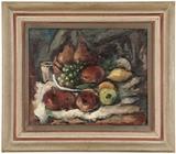 1170  Hans Gustav Burkhardt (1904-1994 Los Angeles, CA)
Still life with fruit, incised signature lower right: H. Burkhardt, oil on canvas, 14'' H x 17'' W, est: $800/1200

Provenance: Estate, Anacortes, WA.  Condition: Visual: Generally good condition.  Blacklight: No evidence of restoration under blacklight.  Your bid indicates acceptance of our Conditions of Sale.  AS-IS.  ALL SALES FINAL