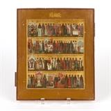 1177  A Russian menological icon, month of September
Early 19th century, egg tempera on gilt and gesso wood panel, depicting patron saints of each day arranged in four tiers, each clad in garments respective to their position in the celestial hierarchy and bearing their attributes, with depictions of events and celebrations, 12.25'' H x 10.375'' W x 1'' D, est: $3000/5000

Provenance: Andre Ruzhnikov, Palo Alto, CA, Estate Palos Verdes Estates, CA.  Condition: Overall good condition. Minor bowing, scattered shrinkage cracks and minor chips to wood panel. Touch-ups throughout, with minor surface abrassion and scattered minor areas of paint loss.  Your bid indicates acceptance of our Conditions of Sale.  AS-IS.  ALL SALES FINAL