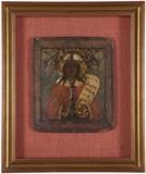 1179  A Russian icon, St. Paraskeva Pyatnitsa
Mid-18th century, egg tempera on gesso wood panel, mounted within a contemporary frame, the icon: 12'' H x 10.375'' W x 0.75'' D, est: $800/1200

Provenance: Andre Ruzhnikov, Palo Alto, CA, Estate Palos Verdes Estates, CA.  Condition: Framed dimensions: 21'' H x 17.5'' W. Bowing and scattered chips and losses to wood panel. Craquelure and scattered fill, touch-ups and losses to gesso.  Your bid indicates acceptance of our Conditions of Sale.  AS-IS.  ALL SALES FINAL