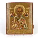 1181  A Russian icon, St. Nicholas the Miracle Worker
Late 19th century, egg tempera on gilt and gesso wood panel, 12.25'' H x 10.375'' W x 1.25'' D, est: $600/900

Provenance: Andre Ruzhnikov, Palo Alto, CA, Estate Palos Verdes Estates, CA.  Condition: Overall good condition. Minor bowing to wood panel. Touch-ups and surface abrasion throughout.  Your bid indicates acceptance of our Conditions of Sale.  AS-IS.  ALL SALES FINAL