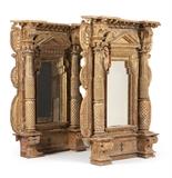 1184  A pair of German carved gesso and gilt wood wall mirrors
Late 18th / early 19th century, each surmounted by a shaped cornice supported by dual columns centering the pedimented mirror plate over a bracketed base, 2 pieces, the first: 59.5'' H x 41.25'' W x 10'' D; the second: 59.5'' H x 40.24'' W x 9.5'' D, est: $3000/5000

Provenance: Private Collection, La Jolla, CA.  Condition: General marks, scratches, chips, losses and rubbed wear revealing gesso and red bole commensurate with age. Scattered splits, warping, and shrinkage cracks throughout. Scattered losses and repairs; the first lacking bottom molding, the second lacking an 8''-long section of molding. The second with a detached bracket to underside of cornice; retained. Plates replaced.  Your bid indicates acceptance of our Conditions of Sale.  AS-IS.  ALL SALES FINAL