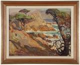1197  Frederick William Becker (1888-1974 Palm Springs, CA)
''Midway Point, Monterey, Calif.'', Cypress trees overlooking Monterey coast, signed lower left: Frederick Becker, signed again and titled on an artist label verso, oil on canvas laid to artist board, 12'' H x 15.75'' W, est: $800/1200

Provenance: Estate, Anacortes, WA.  Condition: Visual: Generally good condition. Craquelure throughout. Damage to the canvas with paint loss in the lower left and both upper corners.  Blacklight: No evidence of restoration under blacklight.  Your bid indicates acceptance of our Conditions of Sale.  AS-IS.  ALL SALES FINAL