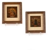 1204  Two Russian icons, Pentecost & the Exaltation of the True Cross
19th century, egg tempera on gesso wood panel, each within a contemporary glazed carved frame with linen-lined mat, each sight size: 3.5'' H x 3.25'' W, est: $800/1200

Provenance: Benedicte Oehry, Arlington Gallery, Santa Barbara, CA, Estate Palos Verdes Estates, CA.  Condition: Each framed: 6.625'' H x 6.125'' W x 1.5'' D.  Each with localized crazing, scattered touch-ups and lifting to tempera.  Your bid indicates acceptance of our Conditions of Sale.  AS-IS.  ALL SALES FINAL