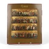 1203  A Russian menological icon, month of October
Late 18th / early 19th century, egg tempera on gilt and gesso wood panel, depicting patron saints of each day arranged in four tiers, each clad in garments respective to their position in the celestial hierarchy and bearing their attributes, with depictions of events and celebrations, 12.125'' H x 10.675'' W x 1.75'' D, est: $2500/4500

Provenance: Andre Ruzhnikov, Palo Alto, CA, Estate Palos Verdes Estates, CA.  Condition: Overall good condition. Bowing, scattered shrinkage cracks and minor chips to wood panel. Craquelure throughout, with scattered fill, touch-ups and losses to gilt.  Your bid indicates acceptance of our Conditions of Sale.  AS-IS.  ALL SALES FINAL