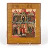 1207  A Russian icon, intercession of the Mother of God
Early 19th century, gilt and egg tempera on gesso wood panel, 12'' H x 9.875'' W x 1.375'' D, est: $800/1200

Provenance: Andre Ruzhnikov, Palo Alto, CA, Estate Palos Verdes Estates, CA.  Condition: Overall good condition. Bowing to panel. Crazing throughout, with scattered touch-ups, lifting and losses to tempera.  Your bid indicates acceptance of our Conditions of Sale.  AS-IS.  ALL SALES FINAL