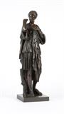 1212  A Continental patinated bronze figure
Late 19th / early 20th century, lacking signature, depicting a classical maiden draped in a toga, standing beside a tree stump, on an integral rectangular base, overall: 24'' H x 7'' W x 6'' D, est: $500/700

Provenance: Property of a Private Collection, Rancho Palos Verdes, CA.  Condition: Overall good condition. Scattered minor marks and scratches commensurate with age and use. Areas of rubbed wear to patination, with some patches to legs, tree stump and base entirely lacking patination. Patination a medium brown.  Your bid indicates acceptance of our Conditions of Sale.  AS-IS.  ALL SALES FINAL