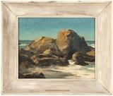 1225  Bennett Bradbury (1914-1991 Carmel, CA)
''Gull Rock'', Marin County, California coastal rock with sea gulls, signed lower left: Bennett Bradbury, signed again, titled and numbered verso: 1180, oil on canvas, 16'' H x 20'' W, est: $700/900

Provenance: Private Collection, Santa Monica, CA.  Condition: Visual: Generally good condition. Fine crazing throughout. An area of instability with two minor spots of paint loss lower right. Stretcher bar crease along the upper edge. Minor surface dirt and grime.  Blacklight: No evidence of restoration under blacklight.  Your bid indicates acceptance of our Conditions of Sale.  AS-IS.  ALL SALES FINAL