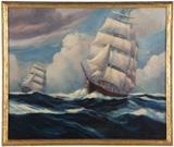 1227  Harry Mann Waddell (1876-1956 Los Angeles, CA)
''The Race For Gold And Glory'', Ships at sea, signed and dated lower right: Harry Mann Waddell '40, signed again, titled and numbered on the stretcher: #4, oil on canvas, 30'' H x 36'' W, est: $600/800

Provenance: Private Collection, Huntington Beach, CA.  Condition: Visual: Generally good condition. Craquelure throughout the blue pigments of the ocean and a small spot on the bow of the ship in the foreground. Stretcher bar crease along the upper edge.  Blacklight: A 4.5'' x 2'' 'T'-shaped area of touch-up right center with corresponding patch verso. A 5'' x 2'' area of touch-up upper left. A .5'' line of touch-up upper center. A small spot of touch-up in the sail upper right. A 2'' line of touch-up along the upper right edge.  Your bid indicates acceptance of our Conditions of Sale.  AS-IS.  ALL SALES FINAL