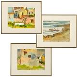 1228  Milford Zornes A.N.A. (1908-2008 Claremont, CA)
Three Irish landscapes, the first: signed and dated lower right: Zornes 1989, inscribed indistinctly verso; the second: unsigned, inscribed and dated lower right: Listowel, Aug 23 '90, titled verso: Castle Walls (sic) In Kerry; the third: signed lower right: Zornes, inscribed indistinctly lower left, each: watercolor on paper under glass, paper size: each: 11'' H x 15'' W, est: $1000/1500

Note: Each sight size: 10.25'' H x 13.25'' W. Each painting has unfinished sketches verso.  Provenance: Private Collection, Palm Desert, CA, acquired directly from the artist.  Condition: Visual: Each: Generally good condition. Mounted to the recto mat with archival tape along the upper center and lower center edge. The second with tape remnants from a previous mounting.    Your bid indicates acceptance of our Conditions of Sale.  AS-IS.  ALL SALES FINAL