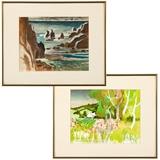 1229  Milford Zornes A.N.A. (1908-2008 Claremont, CA)
Two works: ''Laguna'' and ''Point Arguello'', the first: signed, titled and dated lower left: Milford Zornes Laguna 1970; the second: signed, titled and dated lower right: Zornes Point Arguello 63, titled again verso, each: watercolor on paper under glass, the first: 11'' H x 13.75'' W. The second: 13.75'' H x 16.75'' W, est: $600/800

Note: Each sight size: 10.25'' H x 13.5'' W. ''Point Arguello'' with sketches of female forms and male busts verso.  Provenance: Private Collection, Palm Desert, CA, acquired directly from the artist.  Condition: Visual: Each: Generally good condition. Minor toning to the paper. Mounted to the recto mat with archival tape along the upper center and lower center edge.    Your bid indicates acceptance of our Conditions of Sale.  AS-IS.  ALL SALES FINAL