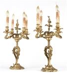1233  A pair of Louis XV style gilt bronze four-light candelabra
Late 19th / early 20th century, each surmounted by four faux candles issuing from urn-form lights held aloft by foliate-sheathed C-scroll arms centered by an acanthus finial, over a tripartite foliate base, raised on a stepped circular rocaille foot, electrified, 2 pieces, each: 22.5'' H x 14.75'' Dia., est: $2000/3000

Provenance: Private Collection, La Jolla, CA.  Condition: Drilled for electricity, as stated. General marks, scratches, rubbed wear, darkening to gilding and minor localized oxidation commensurate with age. Cracks and scattered losses to wax of faux candles. Wiring should be checked by a qualified electrician prior to use.  Your bid indicates acceptance of our Conditions of Sale.  AS-IS.  ALL SALES FINAL