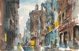 1231  Jack Laycox (1921-1984 San Francisco, CA)
''Quiet Afternoon On West Broadway'', signed lower right: Jack Laycox, signed again and titled verso, signed again, titled again and inscribed on the backing board verso: New York, unframed watercolor on Arches paper, paper size: 15'' H x 22.25'' W, est: $700/1000

Provenance: Acquired directly from the artist, Private Collection, Austin, TX.  Condition: Visual: Generally good condition. The edges are deckled. The paper is lined with a .25'' strip of linen tape along the edges verso. Mounted to the backing board with plastic pocket corners and linen tape.    Your bid indicates acceptance of our Conditions of Sale.  AS-IS.  ALL SALES FINAL