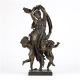 1236  A bronze figural group, after A.-E. Carrier-Belleuse
Late 19th / early 20th century, signed to base ''A. Carrier Belleuse'', cast from the model by Albert-Ernest Carrier Belleuse (1824 - 1887 French), depicting a classical female figure dancing with two putti; one holding a tambourine, the other holding a flute, raised on a naturalistic rectangular base, 26.5'' H x 16'' W x 9.5'' D, est: $3000/5000

Provenance: Private Collection, West Hills, CA.  Condition: Overall good condition. Scattered areas of patination throughout. General minor spots of rubbed wear, marks and scratches commensurate with age. Bronze slightly loose on base; would benefit from tightening.  Your bid indicates acceptance of our Conditions of Sale.  AS-IS.  ALL SALES FINAL