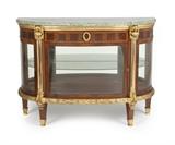 1241  A French gilt bronze-mounted marquetry and marble-top server
Late 19th / early 20th century, the demi-lune beveled grey marble top surmounting a short marquetry-front locking drawer with laurel-wreath pull, over a curved locking glazed door flanked by conforming glazed panels, enclosing overall a mirror-backed cabinet with a single glass shelf, raised on tapering squared feet, 52'' H x 38'' W x 19.5'' D, est: $1500/2000

Provenance: Private Collection, Pasadena, CA.  Condition: Overall good condition. Lacking backboard. Scattered chips and fleabites to edges of marble top; the largest approximately .75'' x .25''. Scratches to marble top and to wood surrounding keyholes. Locks likely replaced. Scattered wear to gilding, primarily localized to facing vertical bands. Scattered scratches and minor gouges to legs.  Your bid indicates acceptance of our Conditions of Sale.  AS-IS.  ALL SALES FINAL