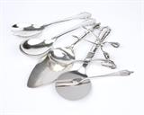 1253  A group of 7 assorted sterling silver serving pieces, Georg Jensen
Spanning dates circa 1910 - after 1945, each with maker's mark and further marked ''Sterling / Denmark'', comprising: 1 serving spoon (7.5''), 1 serving fork (7.375''), and 1 tomato server with stainless blade (8''), each in the ''Rose'' pattern designed by Georg Jensen circa 1913; 1 sugar spoon (5.5'') in the ''No. 41'' pattern; 1 pair sugar tongs (4'') in the ''Blossom'' pattern designed by Georg Jensen circa 1919; 1 olive fork (6.25'') in the ''Akkeleje'' pattern designed by Georg Jensen circa 1918; and 1 pie / tart server (9'') in the ''Acanthus'' pattern designed by Johan Rohde circa 1917, not monogrammed, 7 pieces, weighable sterling 9.165 oz troy approximately, est: $500/800

Condition: Overall good condition. General rubbing, marks, scratches, and tarnishing commensurate with age and use. The olive fork with wear and slight bending to tines. The pie server with a .125''-long blemish to reverse of terminal 
