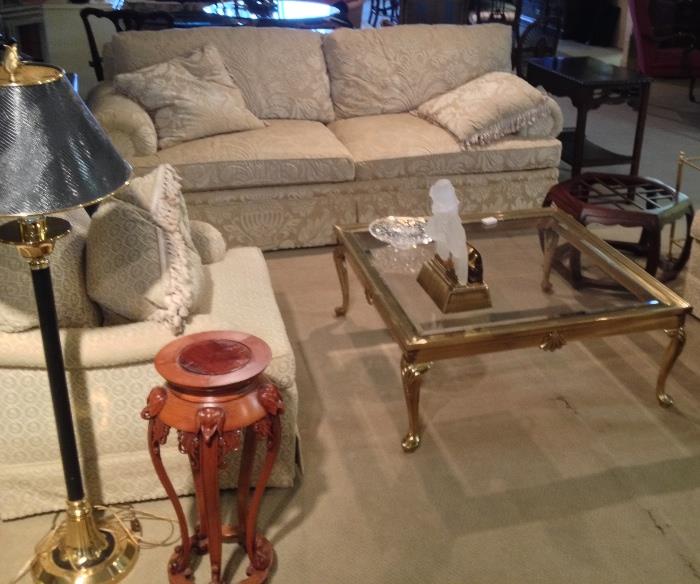 Sofa & oversized Parlor chair ~ Brass and beveled glass coffee table