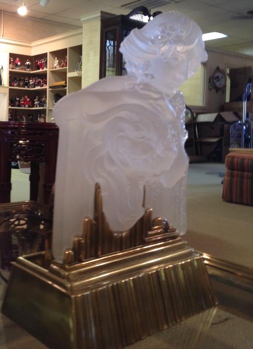 Vintage Frosted Crystal and Brass Lighted Lady & Lion Lamp