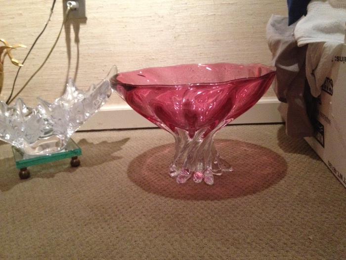 Signed art glass clear and ruby compote bowl 