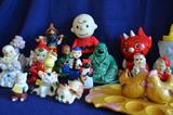 Egg plate with chicken salt and pepper shakers, Charlie Brown, Oriental and just sweet vintage knick knacks.