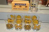 University of Michigan set of 8 rock glasses, one mug and one foam brick to throw. Go BLUE!!
