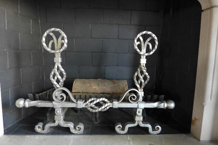 Pair of early 20th c. silvered wrought-iron fire dogs