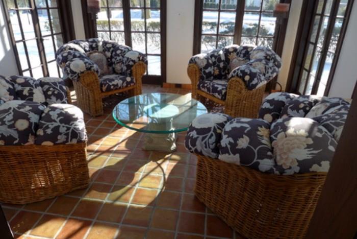 4 overstuffed floral upholstered wicker chairs