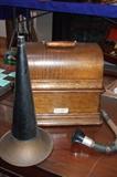 c1900 Edison cylinder phonograph with horn, records and other accessories