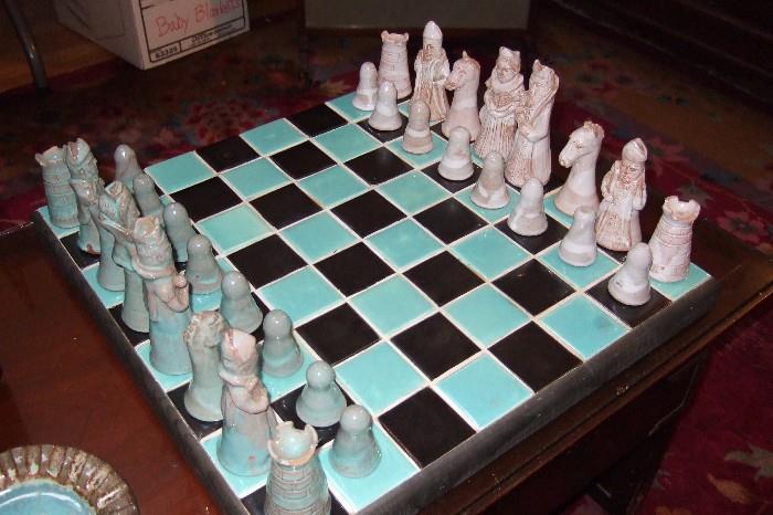 Merritt Island Pottery chess set - mid century, complete, board is pottery too - pieces have chips.  Very cool, rare and unique!