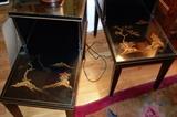 Fantastic Black Lacquered side table, Asian decor - VERY cool -- hand painted raised decorations, different on each one. Photos are crap but the pieces are really nice. Custom cut glass tops.