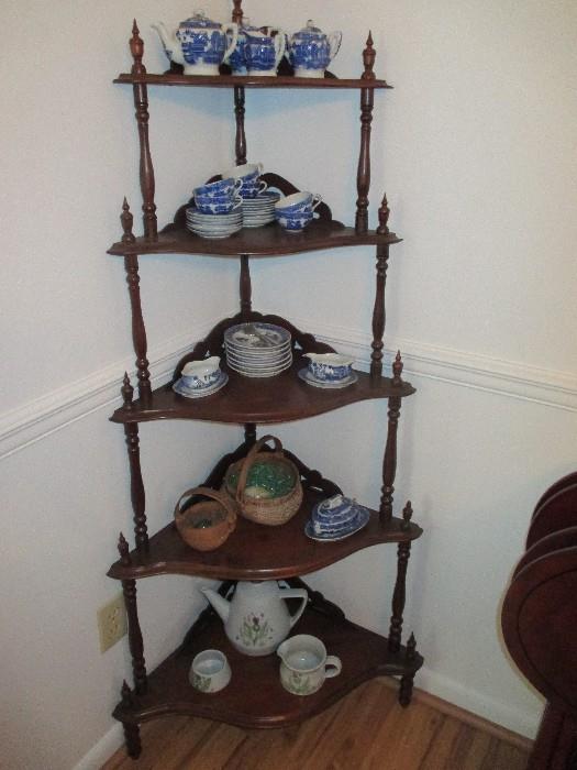 Corner shelf with child's blue willow tea service