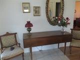Drop leaf table, antique chairs, mirror and more