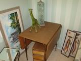 Mid century drop leaf table, ceramic giraffe, art, lamp