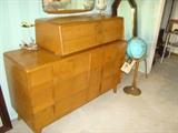 Mid modern dresser, mirrors, standing globe, 