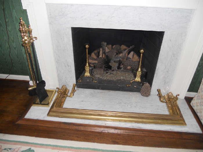 Brass fireplace tools and fender